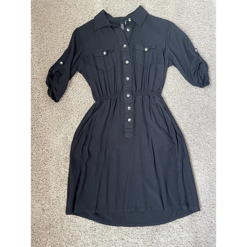 Fun & Flirt Shirt Dress Womens Small Black Roll Tab Sleeve Elastic Waist Pocket
